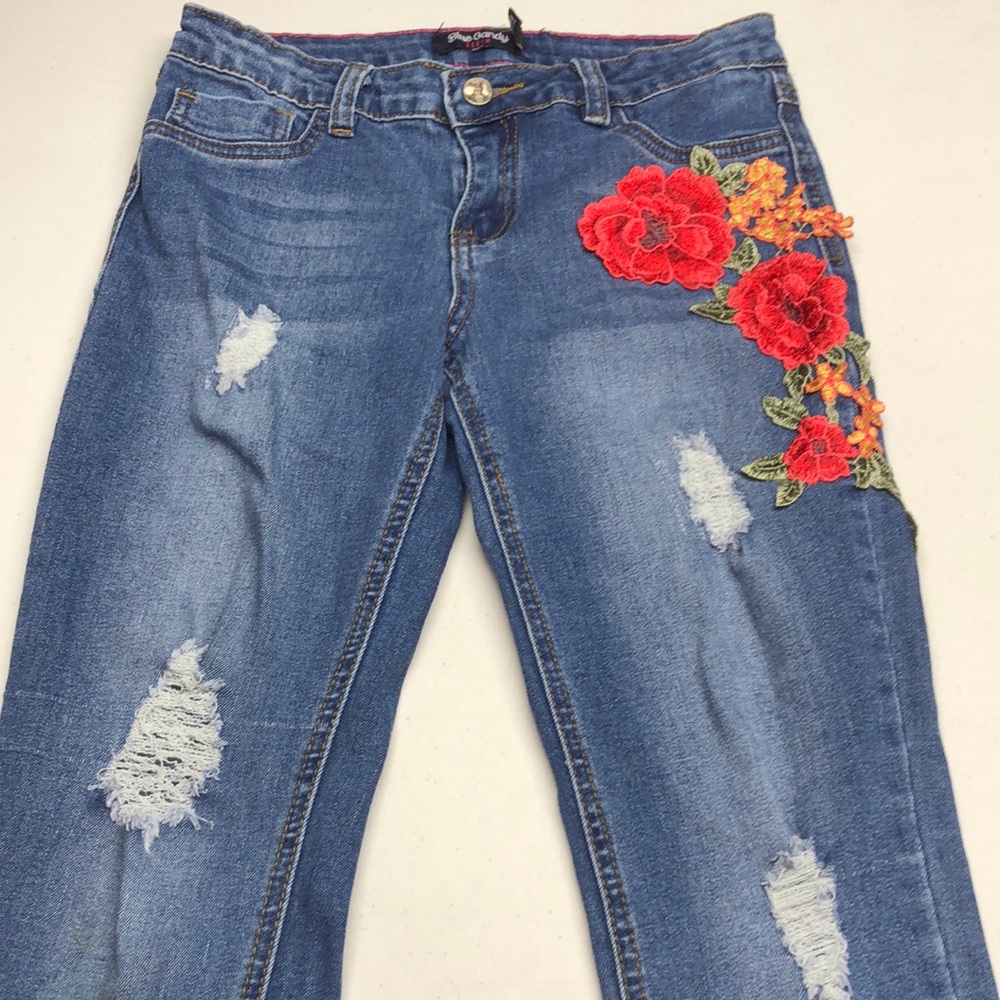 Red and Blue Skinny Jeans with Floral Embroidery